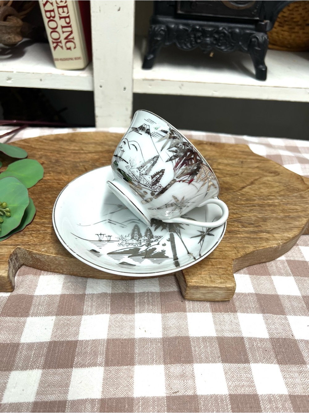 Vintage kutani teacup and saucer silver design